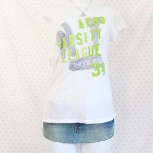 aeropostale varsity graphic t shirt white lime green logo tee medium y2k